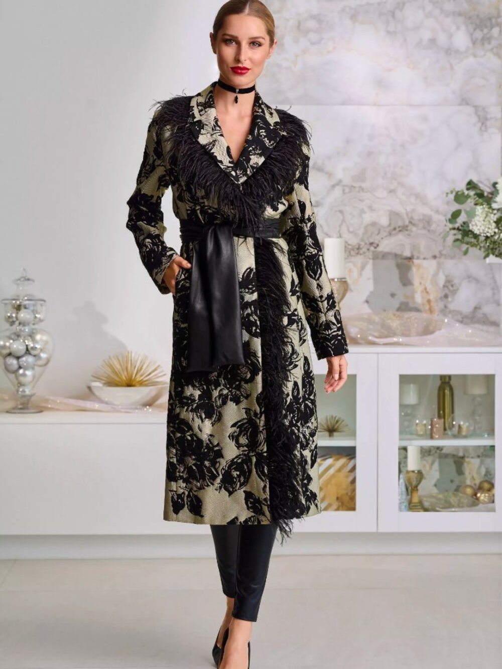 Faux-Feather Trim Jacquard Statement Coat Boston Proper Size Medium